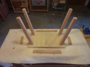 Dry fit of the stool legs with the bolsters cut, fitted, pre-drilled and ready. 